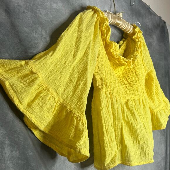 Love Tree Top Women Lg Babydoll Yellow Cotton Flare Sleeve Boho Hippie Peasant - Picture 2 of 9
